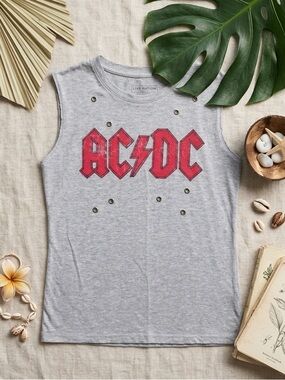 LIVE NATION AC/DC Women’s  Distressed Logo Grommet Muscle Tank Top Heather Grey